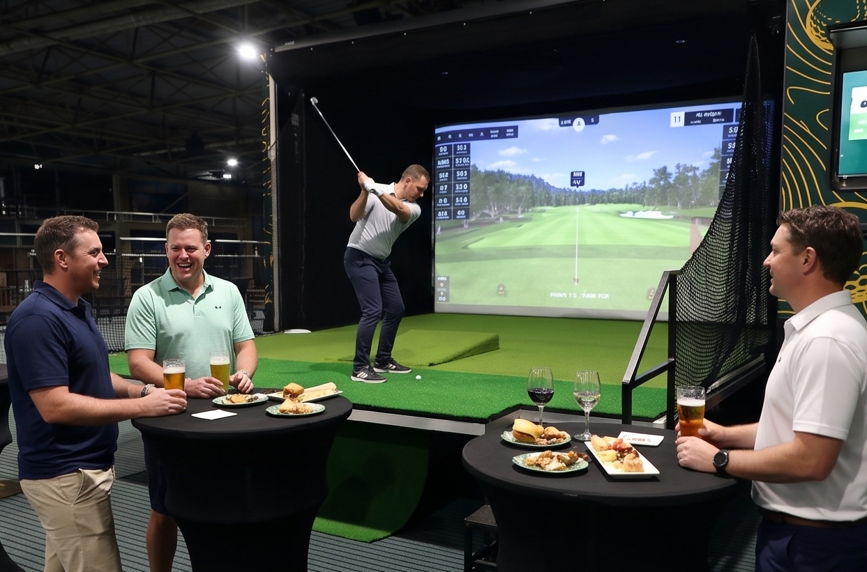 Work colleagues with drinks and catering watching a teammate tee off on the Golf Daze simulator at a team activation